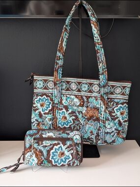 Vera Bradley Brown and Teal Quilted Tote with Matching Wallet